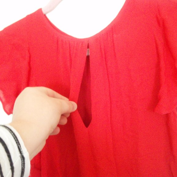 Parker | Red Asymmetrical Hem Flutter Sleeve Dress - Picture 6 of 13